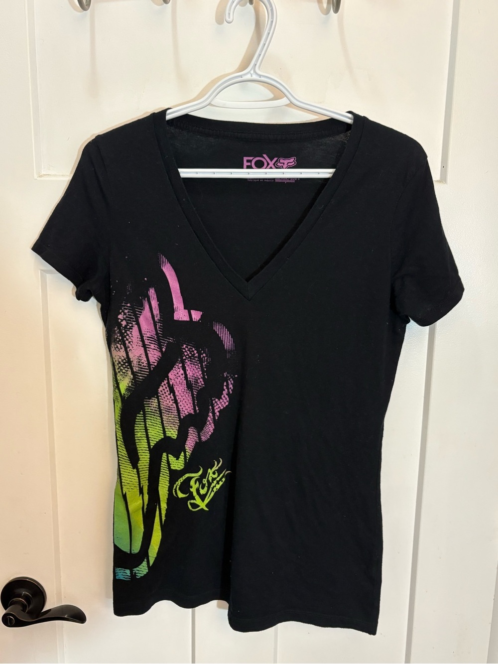 Y2K Fox Black V-Neck Tee with Pink and Green Graphic